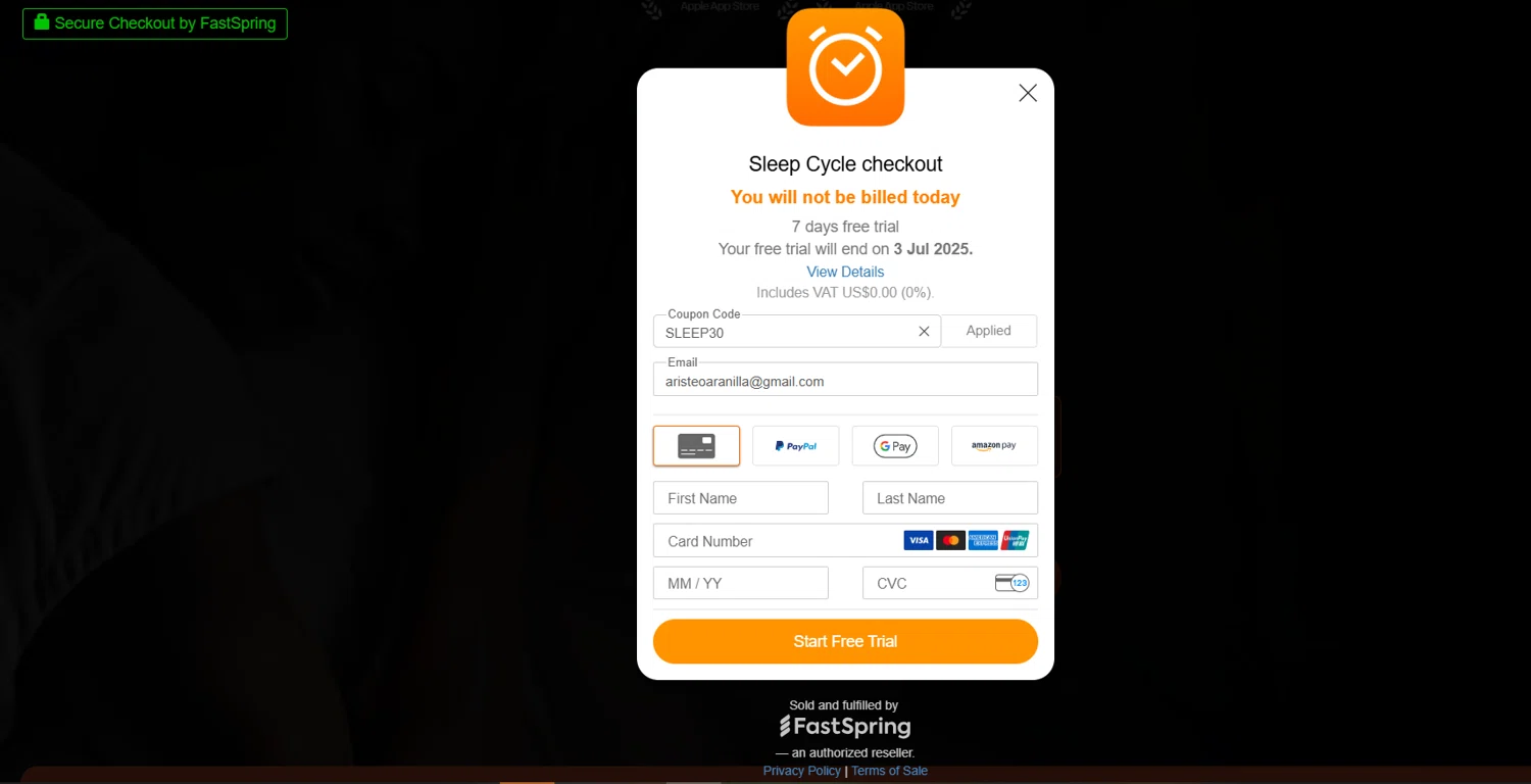 Sleep Cycle promo code screenshot showing code SLEEP30 applied at Sleep Cycle checkout page. Uploaded by SimplyCodes community member rapiddeals on Jun 27, 2025