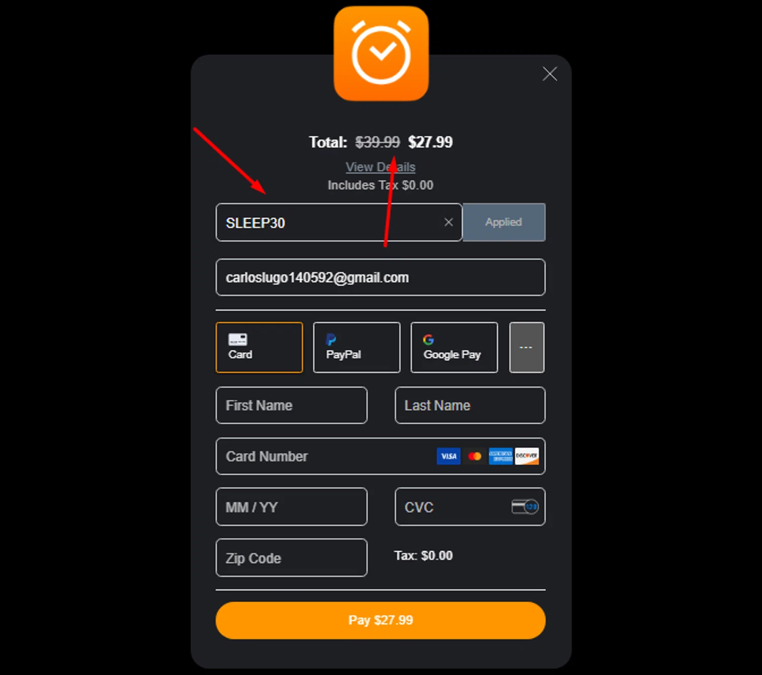 Sleep Cycle promo code screenshot showing code SLEEP30 applied at Sleep Cycle checkout page. Uploaded by SimplyCodes community member carlosrivero on Oct 22, 2025
