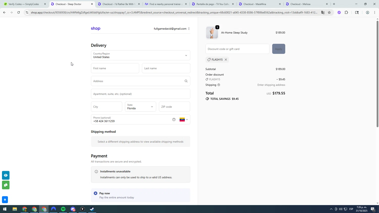 Sleep Doctor discount code screenshot showing code FLASH15 applied at Sleep Doctor checkout page. Uploaded by SimplyCodes community member asdasdasd on Oct 31, 2025