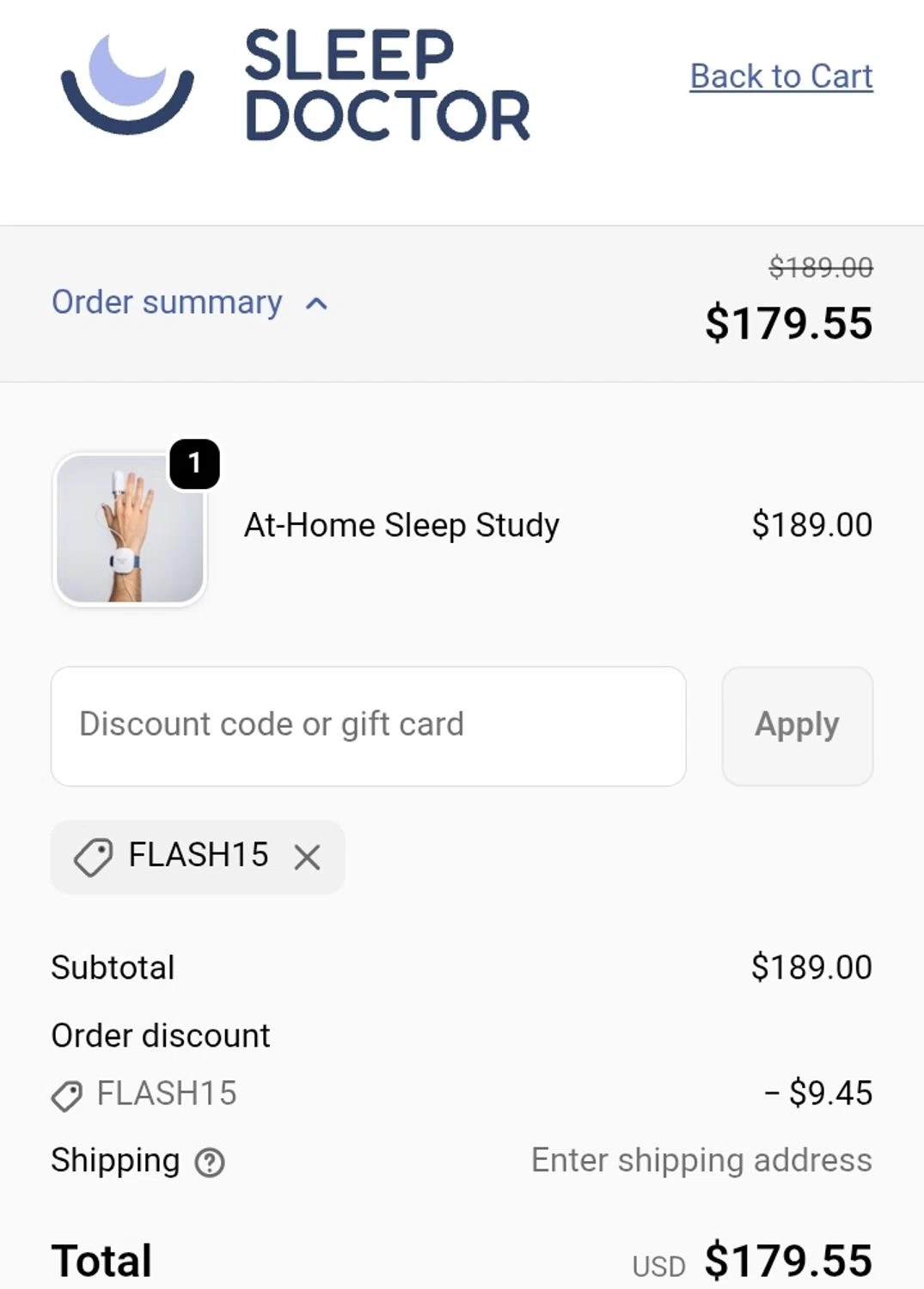 Sleep Doctor discount code screenshot showing code FLASH15 applied at Sleep Doctor checkout page. Uploaded by SimplyCodes community member ValiantCurator3344 on Oct 14, 2025