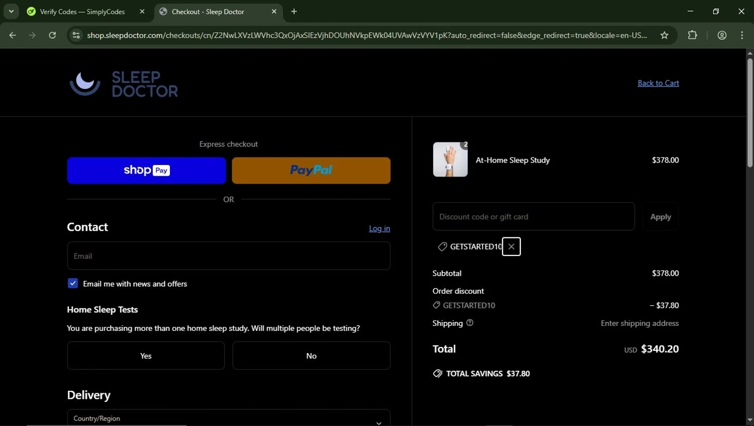 Sleep Doctor discount code screenshot showing code GETSTARTED10 applied at Sleep Doctor checkout page. Uploaded by SimplyCodes community member LegendaryFalcon5662 on Mar 24, 2025