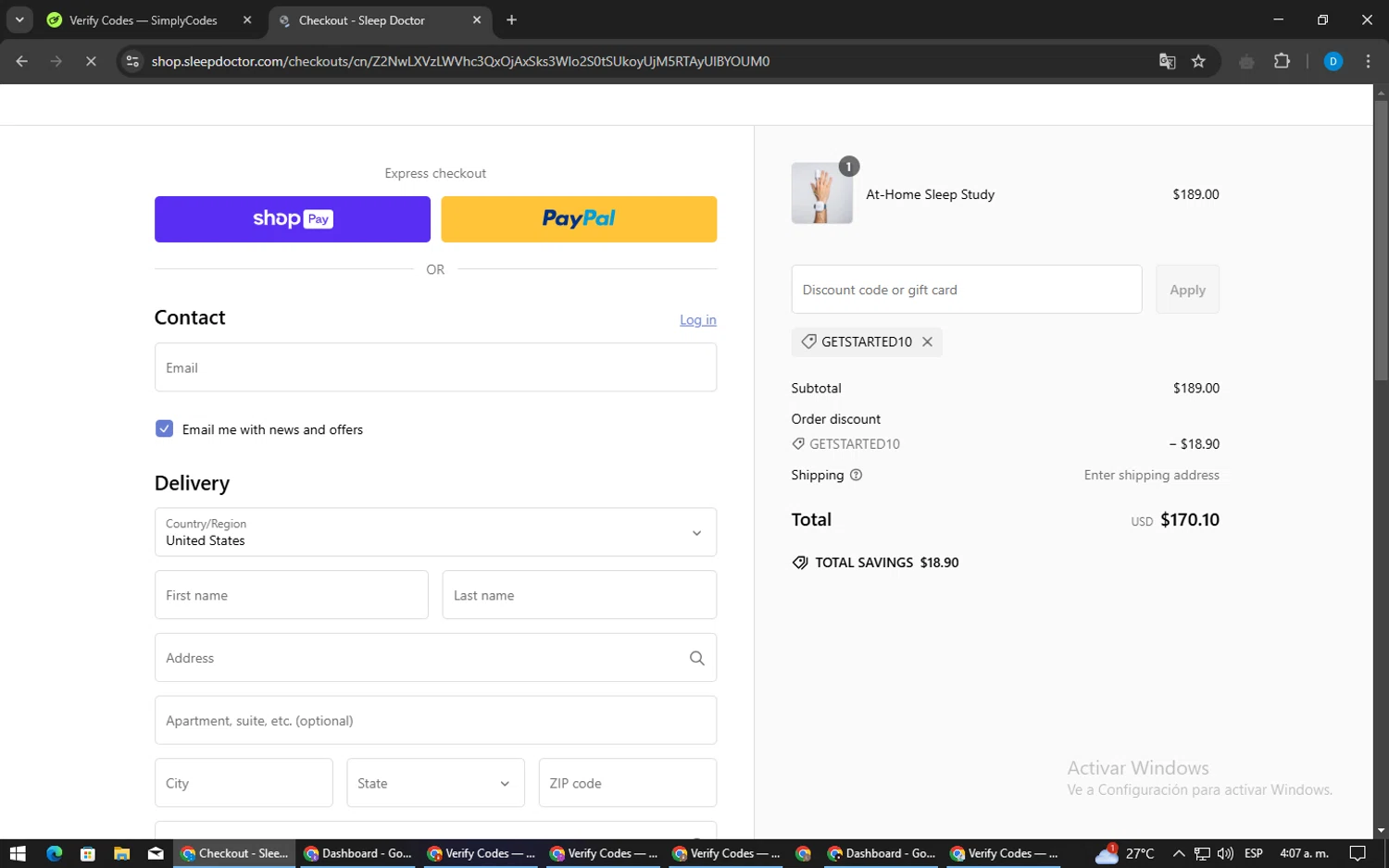 Sleep Doctor discount code screenshot showing code GETSTARTED10 applied at Sleep Doctor checkout page. Uploaded by SimplyCodes community member LegendaryWarden2503 on Feb 4, 2025