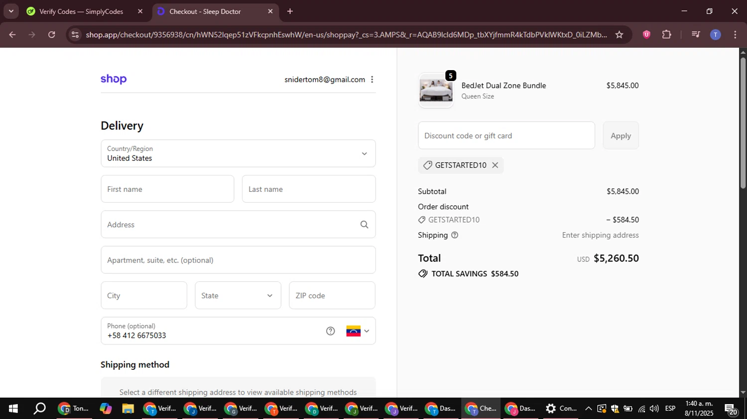 Sleep Doctor discount code screenshot showing code GETSTARTED10 applied at Sleep Doctor checkout page. Uploaded by SimplyCodes community member snidertom8 on Nov 8, 2025