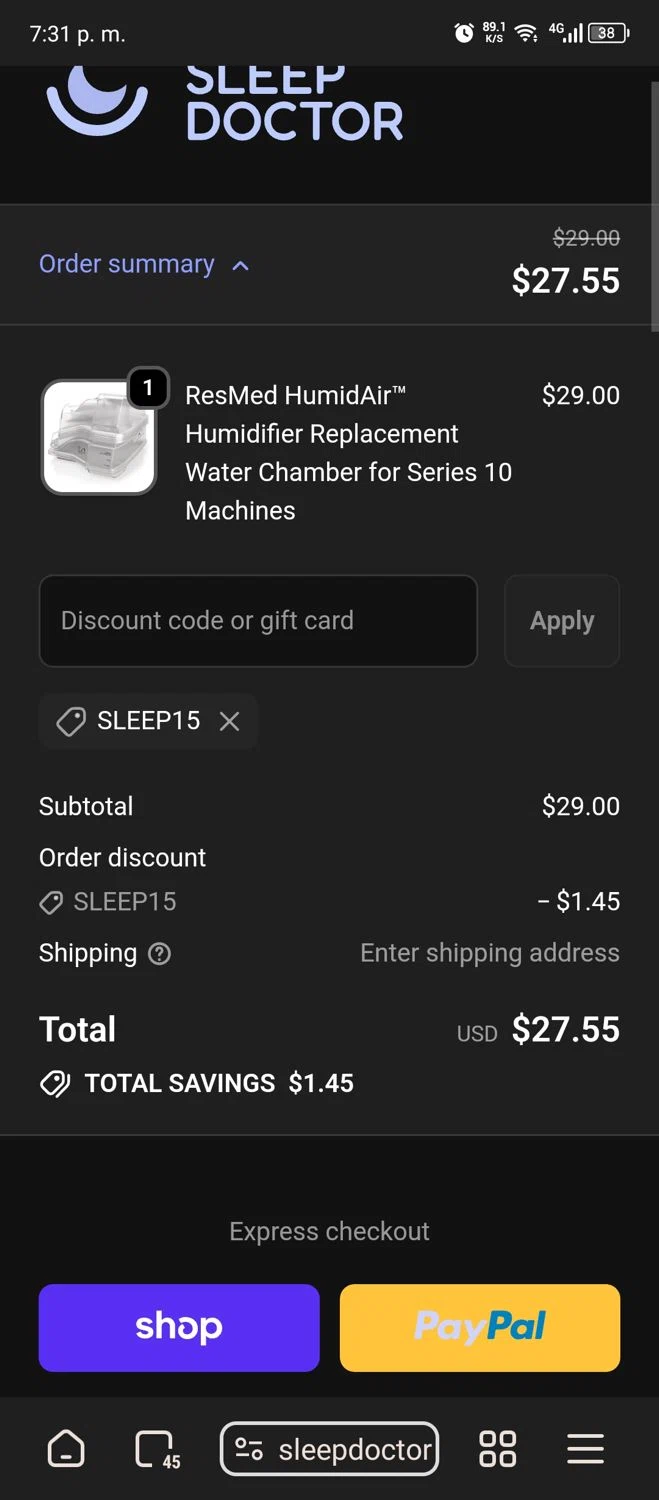 Sleep Doctor discount code screenshot showing code SLEEP15 applied at Sleep Doctor checkout page. Uploaded by SimplyCodes community member Carlitoxxxxxxxxxxxxxxxxxxxxxxx on Nov 28, 2025