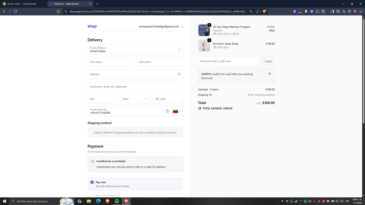 Sleep Doctor discount code screenshot showing code SLEEP15 applied at Sleep Doctor checkout page. Uploaded by SimplyCodes community member Carlos54 on Jan 1, 2026
