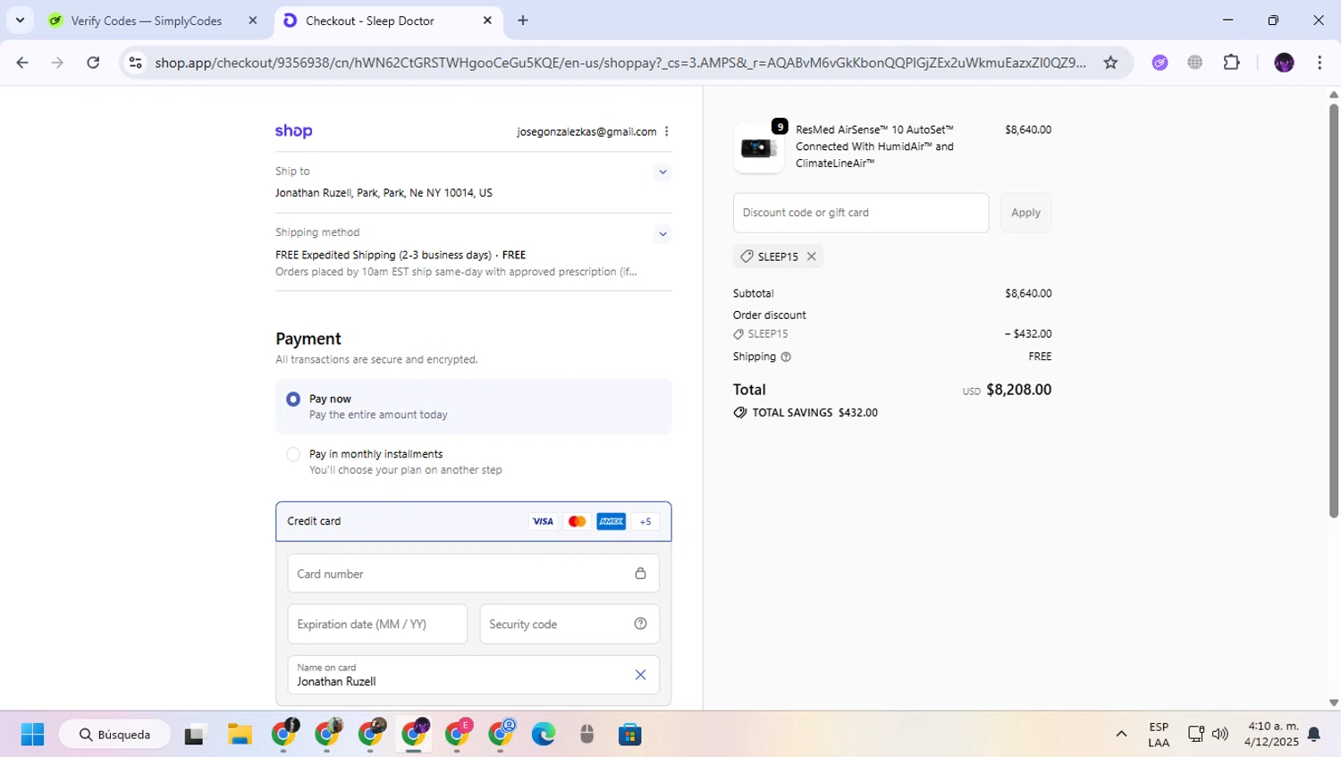 Sleep Doctor discount code screenshot showing code SLEEP15 applied at Sleep Doctor checkout page. Uploaded by SimplyCodes community member GloriousGuardian9063 on Dec 4, 2025