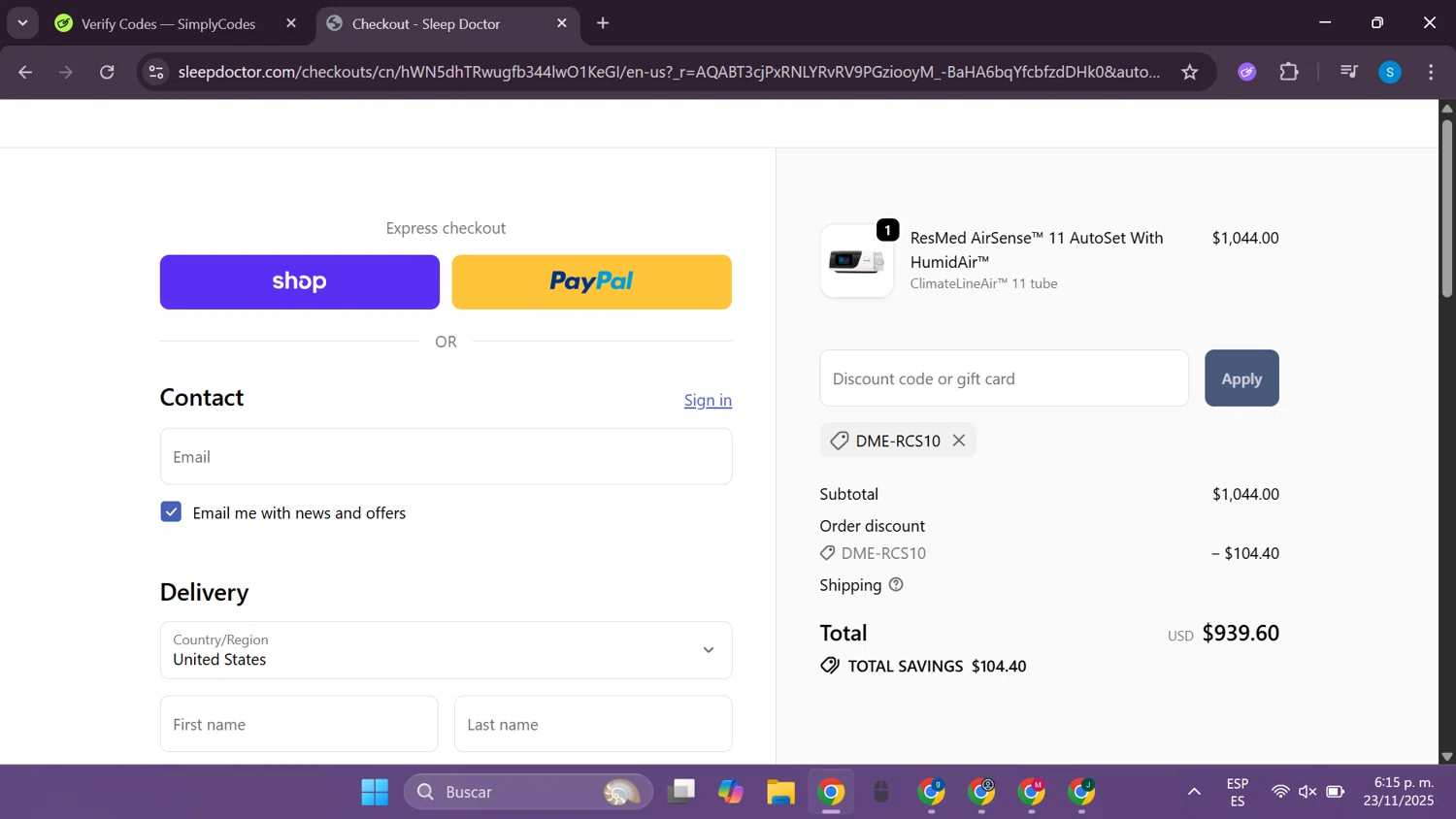 Sleep Doctor discount code screenshot showing code DME-RCS10 applied at Sleep Doctor checkout page. Uploaded by SimplyCodes community member CodeExpert981 on Nov 23, 2025