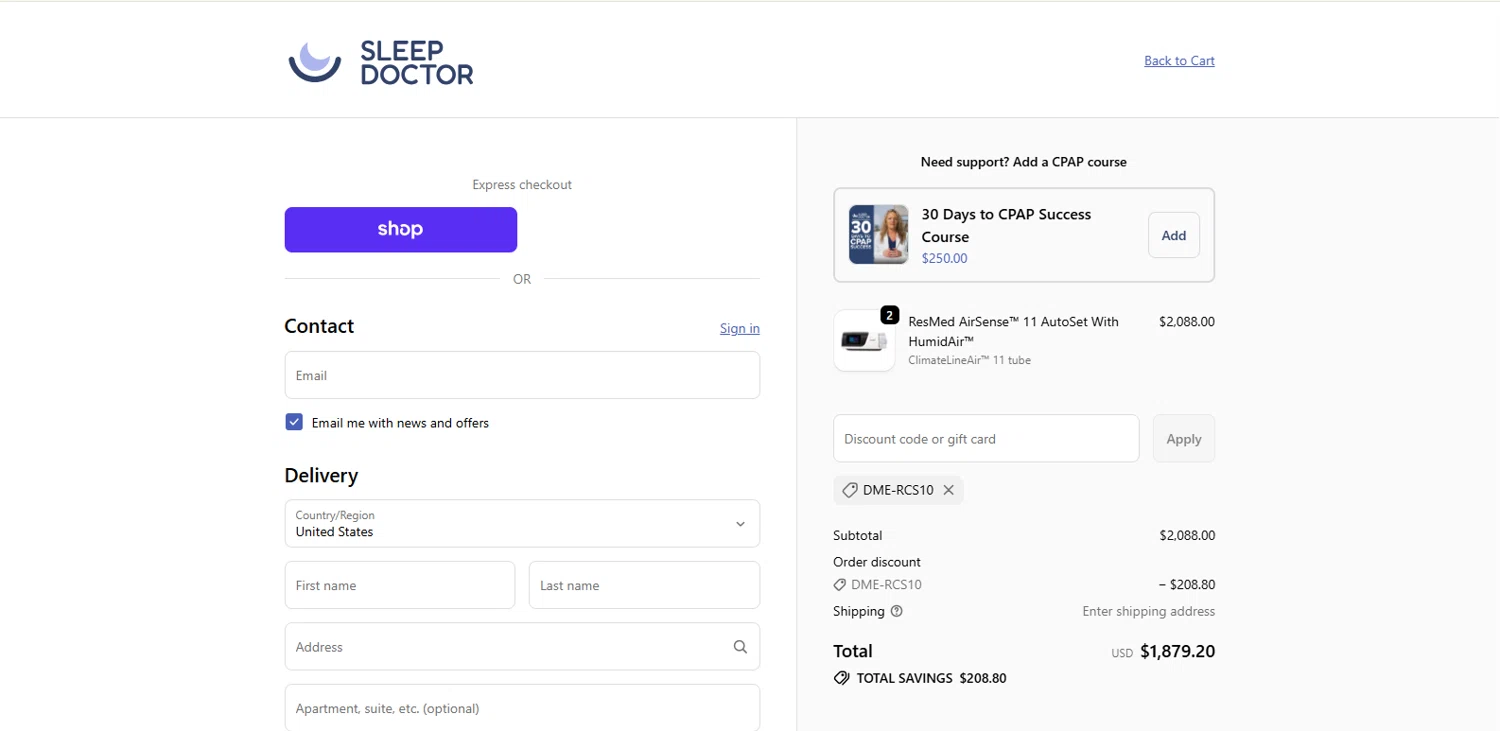 Sleep Doctor discount code screenshot showing code DME-RCS10 applied at Sleep Doctor checkout page. Uploaded by SimplyCodes community member kalltrom21 on Oct 14, 2025