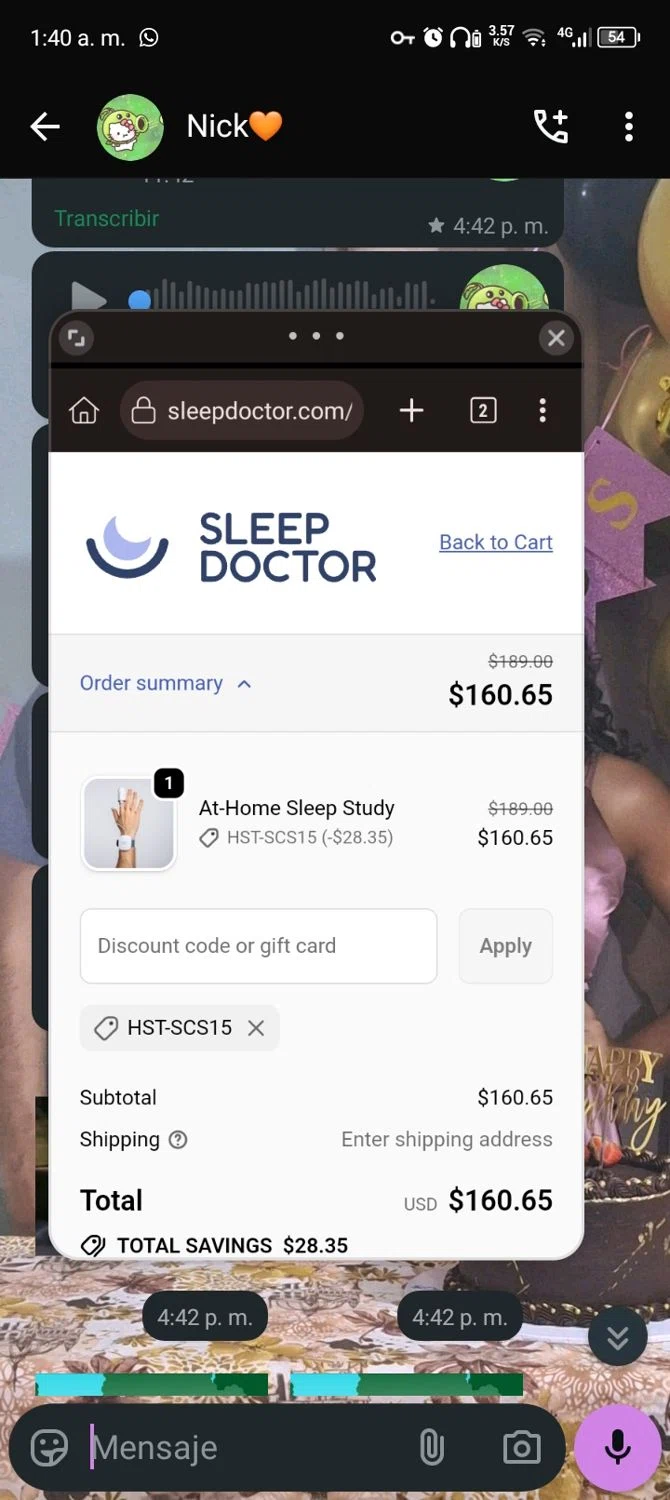 Sleep Doctor discount code screenshot showing code HST-SCS15 applied at Sleep Doctor checkout page. Uploaded by SimplyCodes community member ScanExpert7367 on Nov 8, 2025