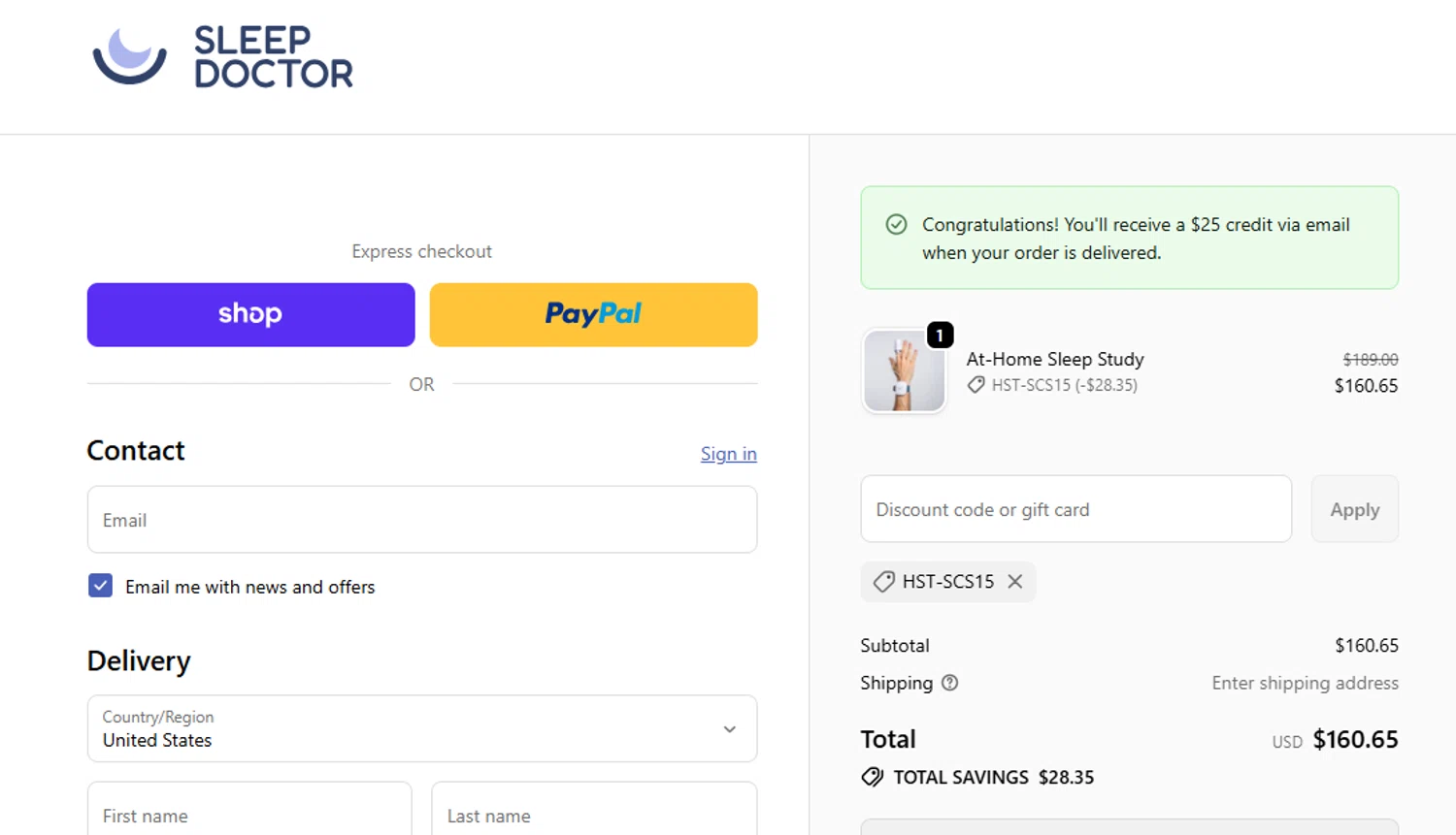 Sleep Doctor discount code screenshot showing code HST-SCS15 applied at Sleep Doctor checkout page. Uploaded by SimplyCodes community member Volibear on Dec 27, 2025