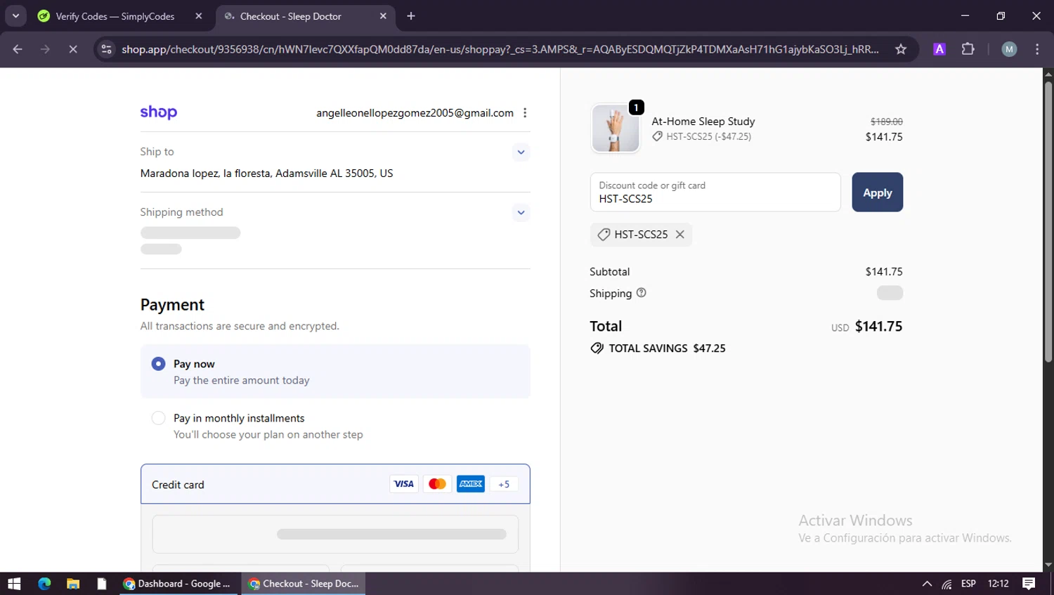 Sleep Doctor checkout page showing Sleep Doctor discount code box | Screenshot taken by SimplyCodes community member on Jan 6, 2026