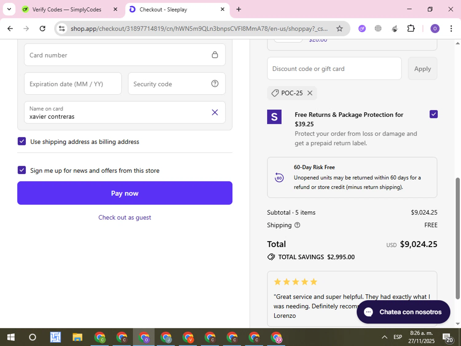 Sleeplay discount code screenshot showing code POC-25 applied at Sleeplay checkout page. Uploaded by SimplyCodes community member CleverLynx8245 on Nov 27, 2025