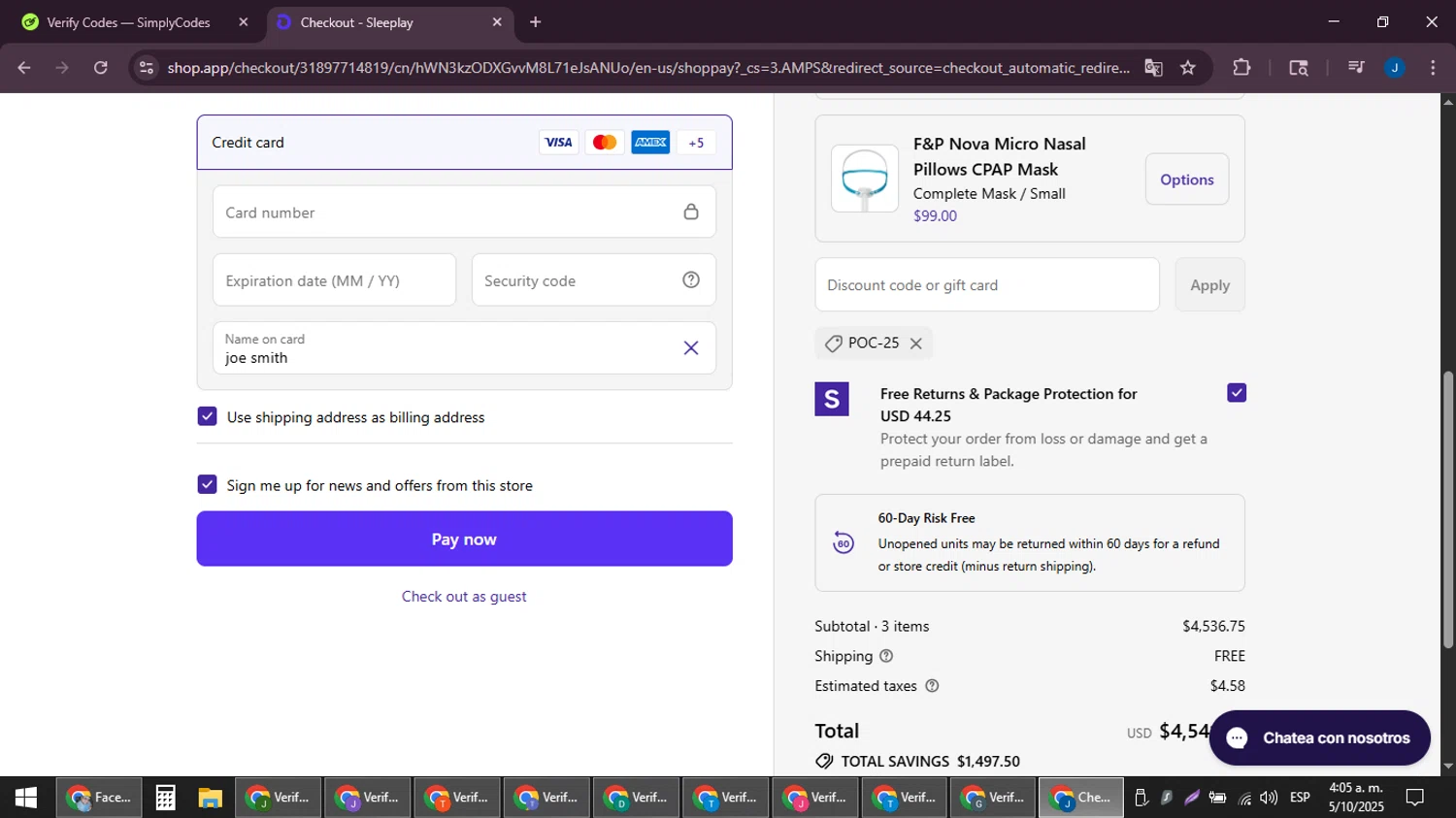 Sleeplay discount code screenshot showing code POC-25 applied at Sleeplay checkout page. Uploaded by SimplyCodes community member noesmith34ur on Oct 5, 2025