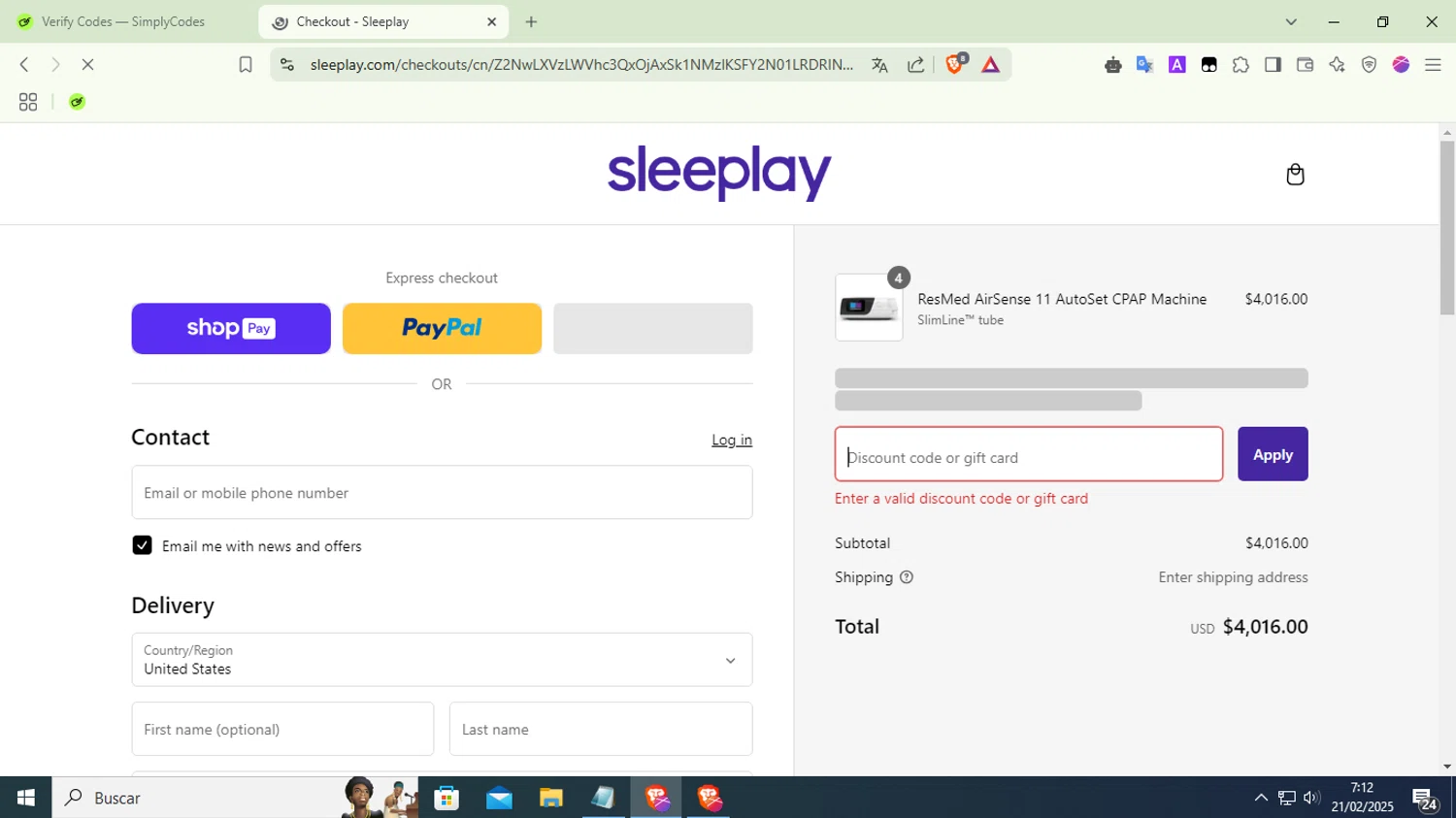 Sleeplay discount code screenshot showing code NEWYEARS applied at Sleeplay checkout page. Uploaded by SimplyCodes community member LuckyFox7067 on Feb 21, 2025