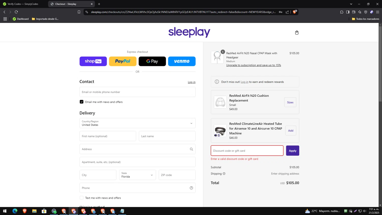 Sleeplay discount code screenshot showing code NEWYEARS applied at Sleeplay checkout page. Uploaded by SimplyCodes community member yesenia on Feb 21, 2025