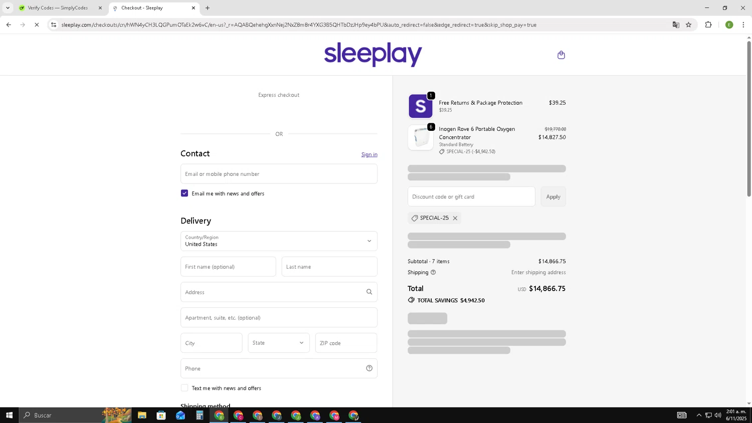 Sleeplay discount code screenshot showing code SPECIAL-25 applied at Sleeplay checkout page. Uploaded by SimplyCodes community member SUZUKIV on Nov 6, 2025