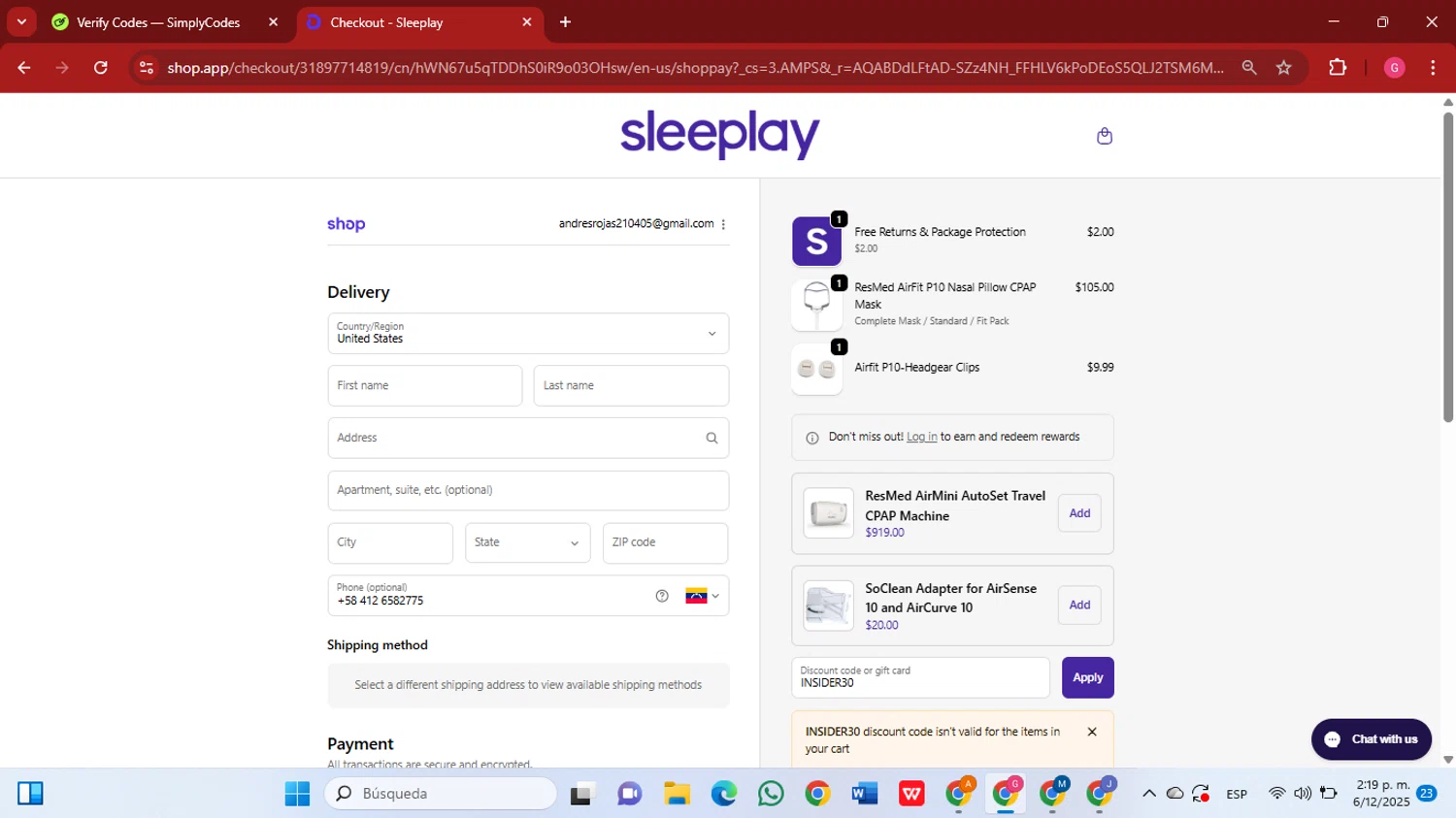 Sleeplay discount code screenshot showing code INSIDER30 applied at Sleeplay checkout page. Uploaded by SimplyCodes community member GGGilbert on Dec 6, 2025