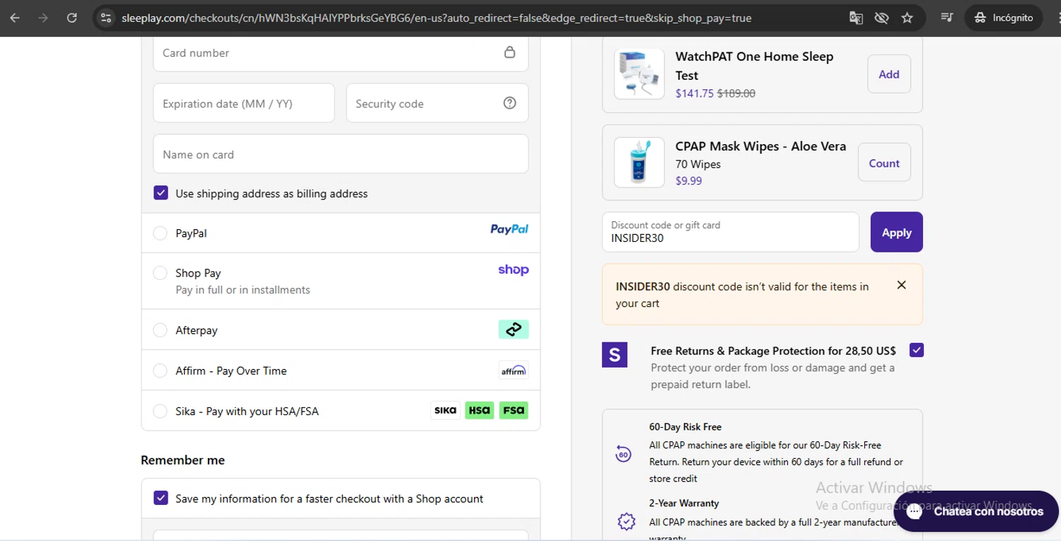 Sleeplay discount code screenshot showing code INSIDER30 applied at Sleeplay checkout page. Uploaded by SimplyCodes community member UchihaMadara on Oct 1, 2025