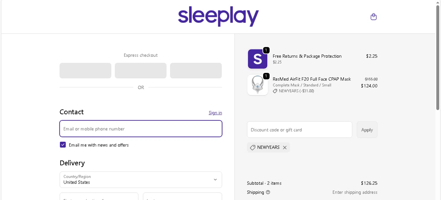 Sleeplay discount code screenshot showing code NEWYEARS applied at Sleeplay checkout page. Uploaded by SimplyCodes community member shark12 on Dec 29, 2025