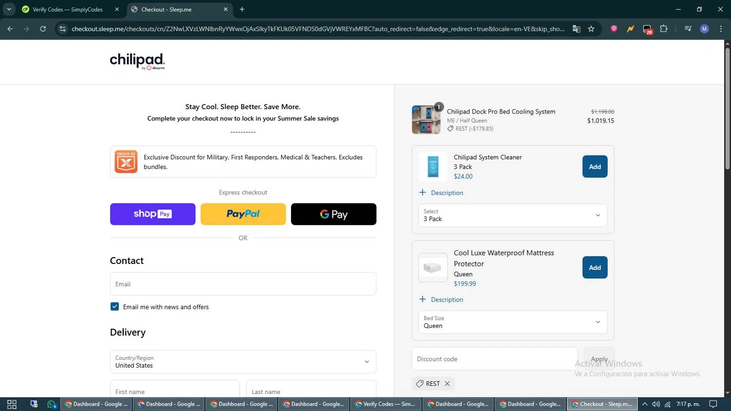 Sleepme discount code screenshot showing code REST applied at Sleepme checkout page. Uploaded by SimplyCodes community member VoucherCurator824 on Jun 18, 2025