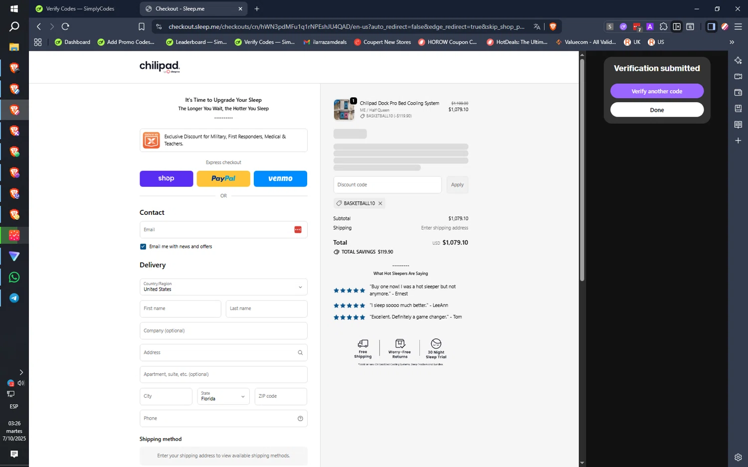 Sleepme discount code screenshot showing code BASKETBALL10 applied at Sleepme checkout page. Uploaded by SimplyCodes community member IronMind4607 on Oct 7, 2025