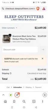 Sleep Outfitters coupon verification screenshot