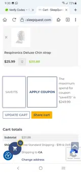 SleepQuest Online Store coupon verification screenshot