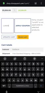 SleepQuest Online Store coupon verification screenshot