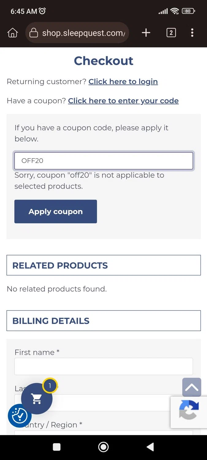 Sleepquest promo code screenshot showing code OFF20 applied at Sleepquest checkout page. Uploaded by SimplyCodes community member CrownLion2750 on Apr 3, 2026