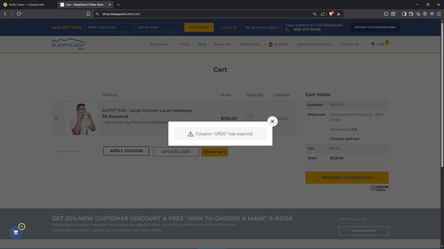Sleepquest promo code screenshot showing code OFF20 applied at Sleepquest checkout page. Uploaded by SimplyCodes community member SwiftSage2309 on Apr 3, 2026