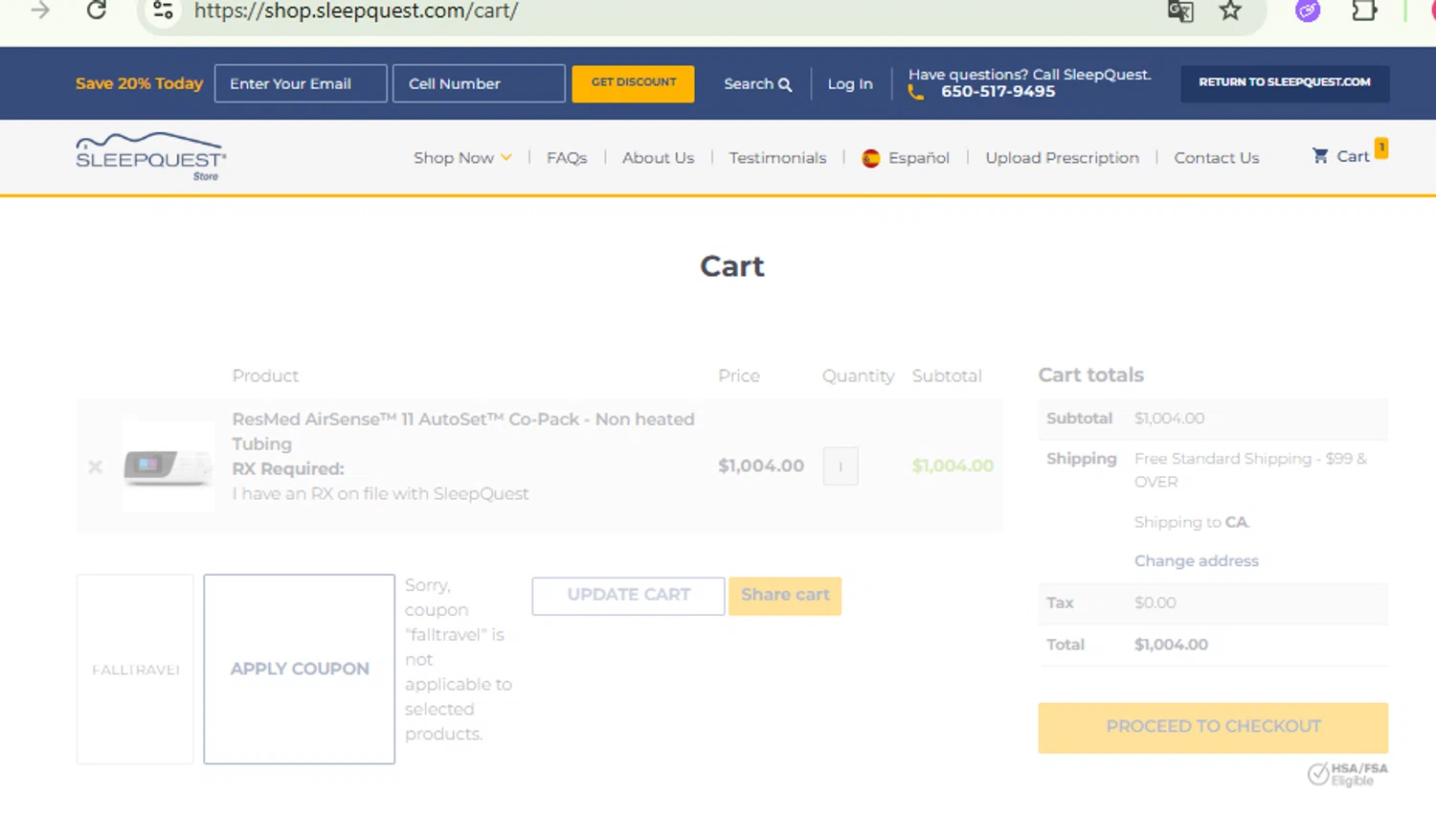 Sleepquest promo code screenshot showing code FALLTRAVEL applied at Sleepquest checkout page. Uploaded by SimplyCodes community member RewardFinder4836 on Jan 11, 2026