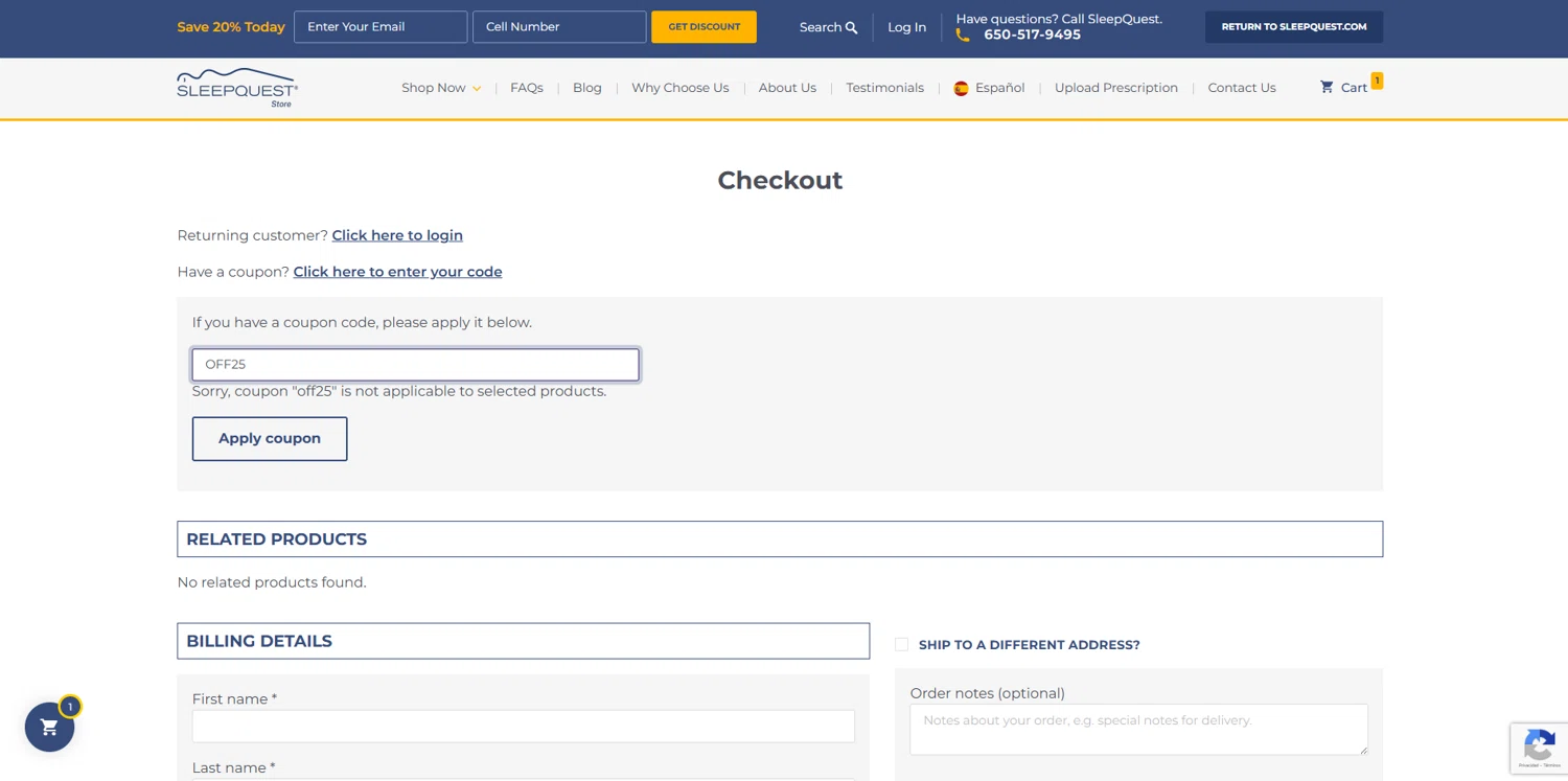Sleepquest promo code screenshot showing code OFF25 applied at Sleepquest checkout page. Uploaded by SimplyCodes community member DealOwl558 on Dec 20, 2025