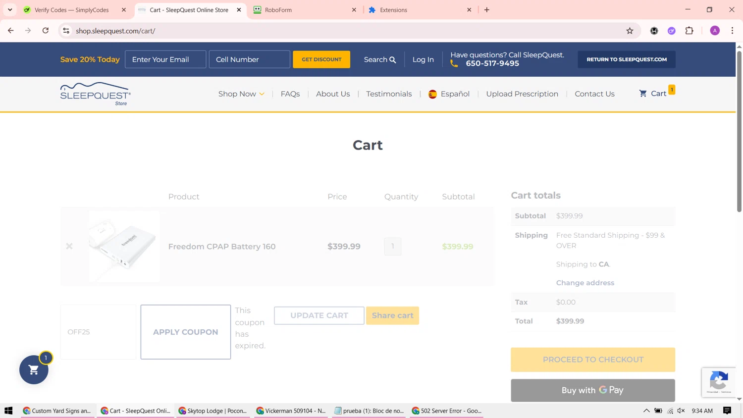 Sleepquest promo code screenshot showing code OFF25 applied at Sleepquest checkout page. Uploaded by SimplyCodes community member ShrewdMaverick9198 on Dec 20, 2025
