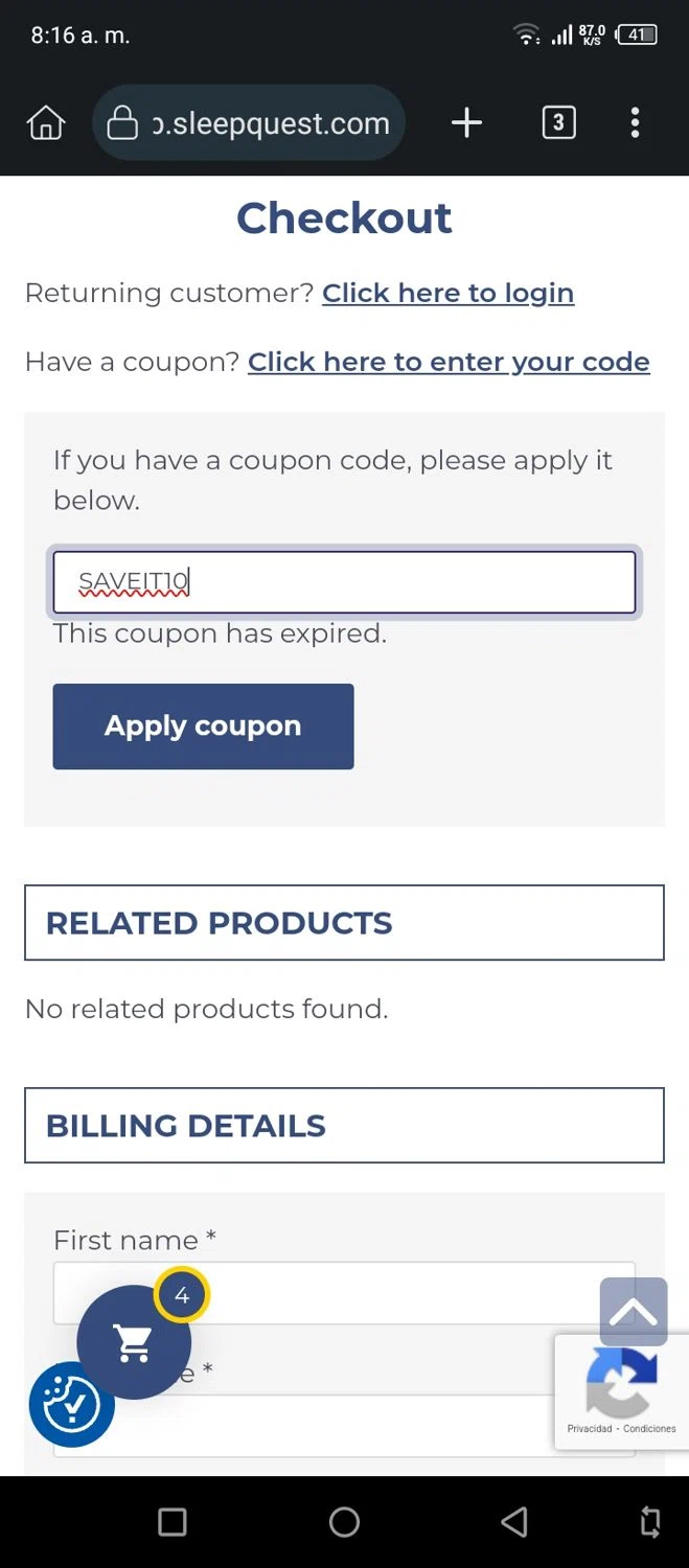 Sleepquest promo code screenshot showing code SAVEIT10 applied at Sleepquest checkout page. Uploaded by SimplyCodes community member AnthonyGuapeton94 on Feb 10, 2026