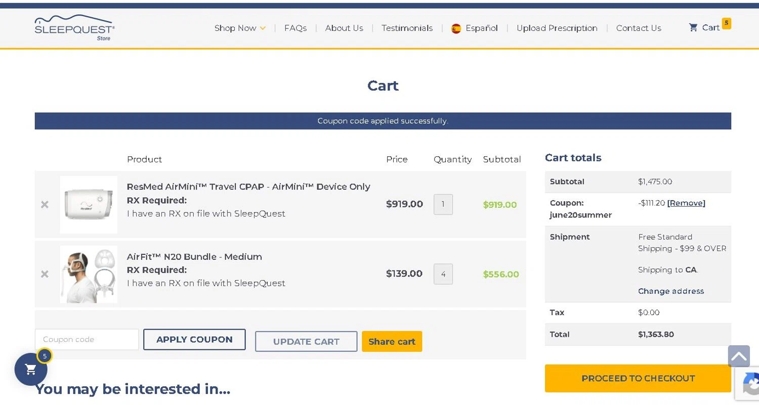 Sleepquest promo code screenshot showing code JUNE20SUMMER applied at Sleepquest checkout page. Uploaded by SimplyCodes community member LAMINEJAMAL on Jun 16, 2026