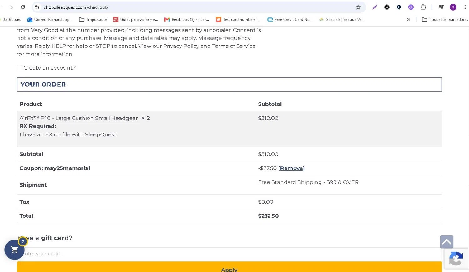 Sleepquest promo code screenshot showing code MAY25MEMORIAL applied at Sleepquest checkout page. Uploaded by SimplyCodes community member LAMINEJAMAL on May 22, 2026