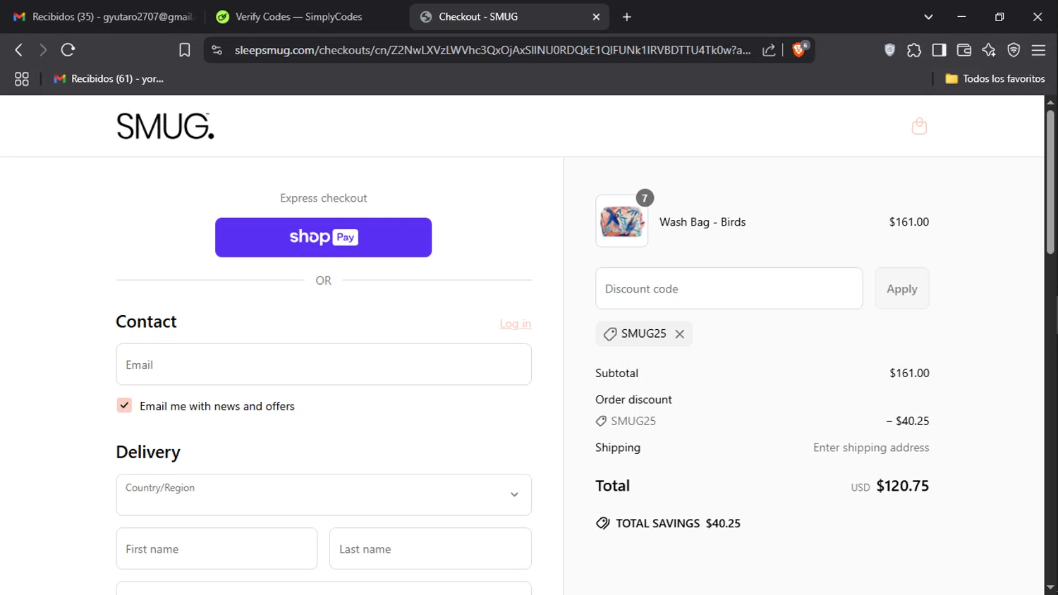 Smug. discount code screenshot showing code SMUG25 applied at Smug. checkout page. Uploaded by SimplyCodes community member Gyutaro on Jun 26, 2025