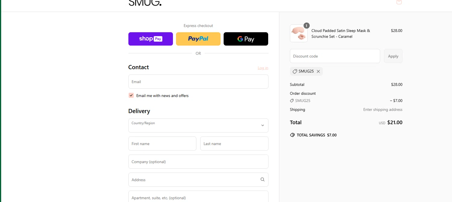 Smug. discount code screenshot showing code SMUG25 applied at Smug. checkout page. Uploaded by SimplyCodes community member chepipro on Jun 26, 2025