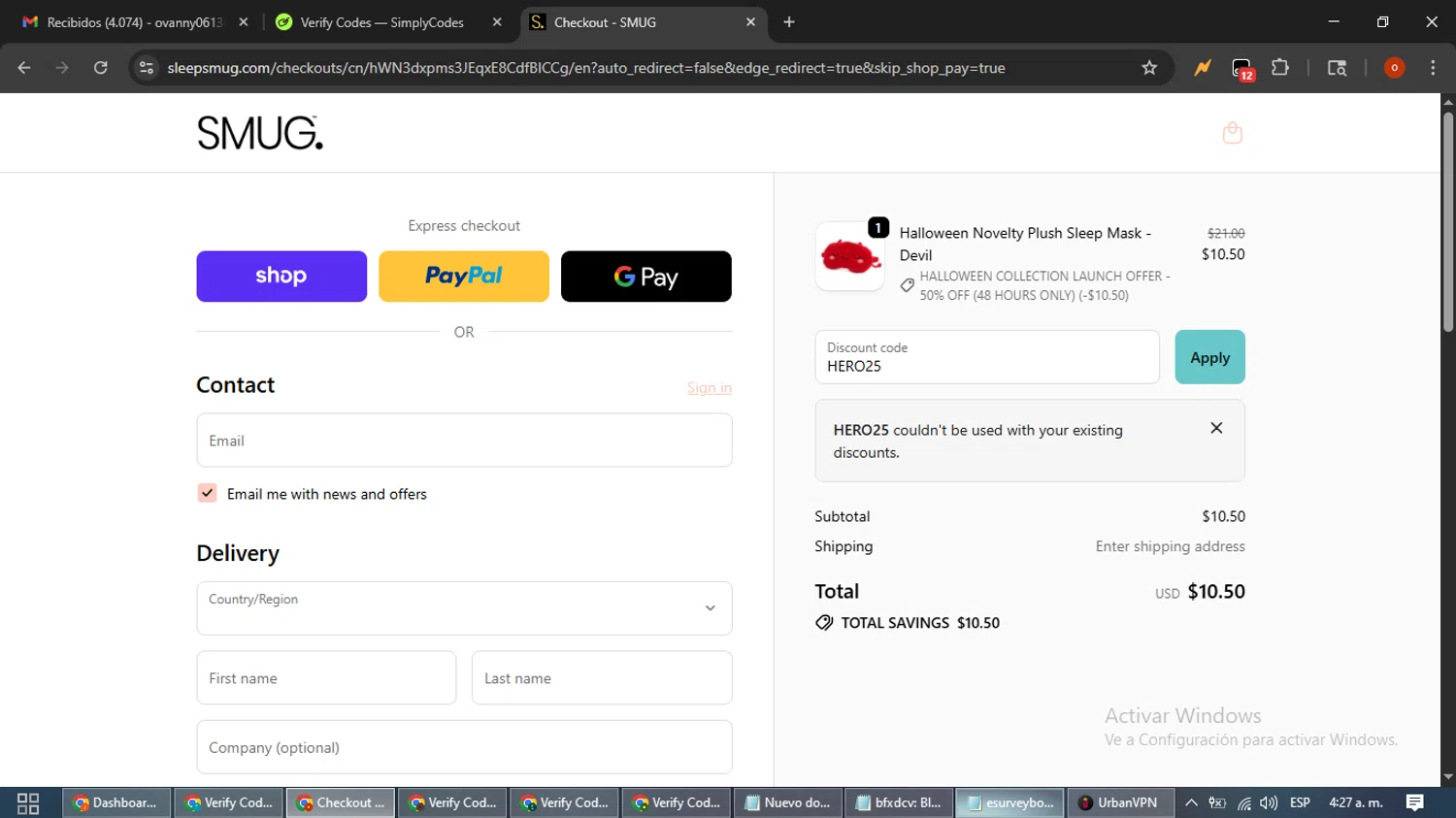 Smug. discount code screenshot showing code HERO25 applied at Smug. checkout page. Uploaded by SimplyCodes community member WiseTracker2171 on Oct 2, 2025