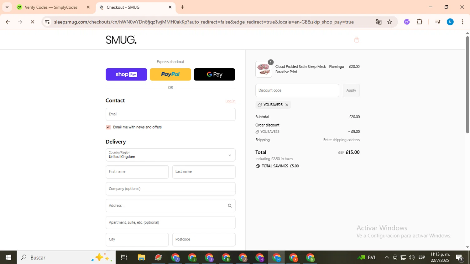 Smug. discount code screenshot showing code YOUSAVE25 applied at Smug. checkout page. Uploaded by SimplyCodes community member CoinHawk678 on Jul 23, 2025