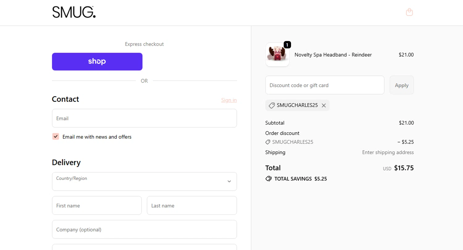 Smug. discount code screenshot showing code SMUGCHARLES25 applied at Smug. checkout page. Uploaded by SimplyCodes community member Eliaslpz on Nov 19, 2025
