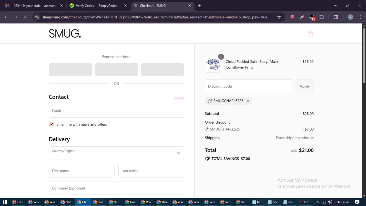 Smug. discount code screenshot showing code SMUGCHARLES25 applied at Smug. checkout page. Uploaded by SimplyCodes community member MoneyTiger5162 on Aug 9, 2025