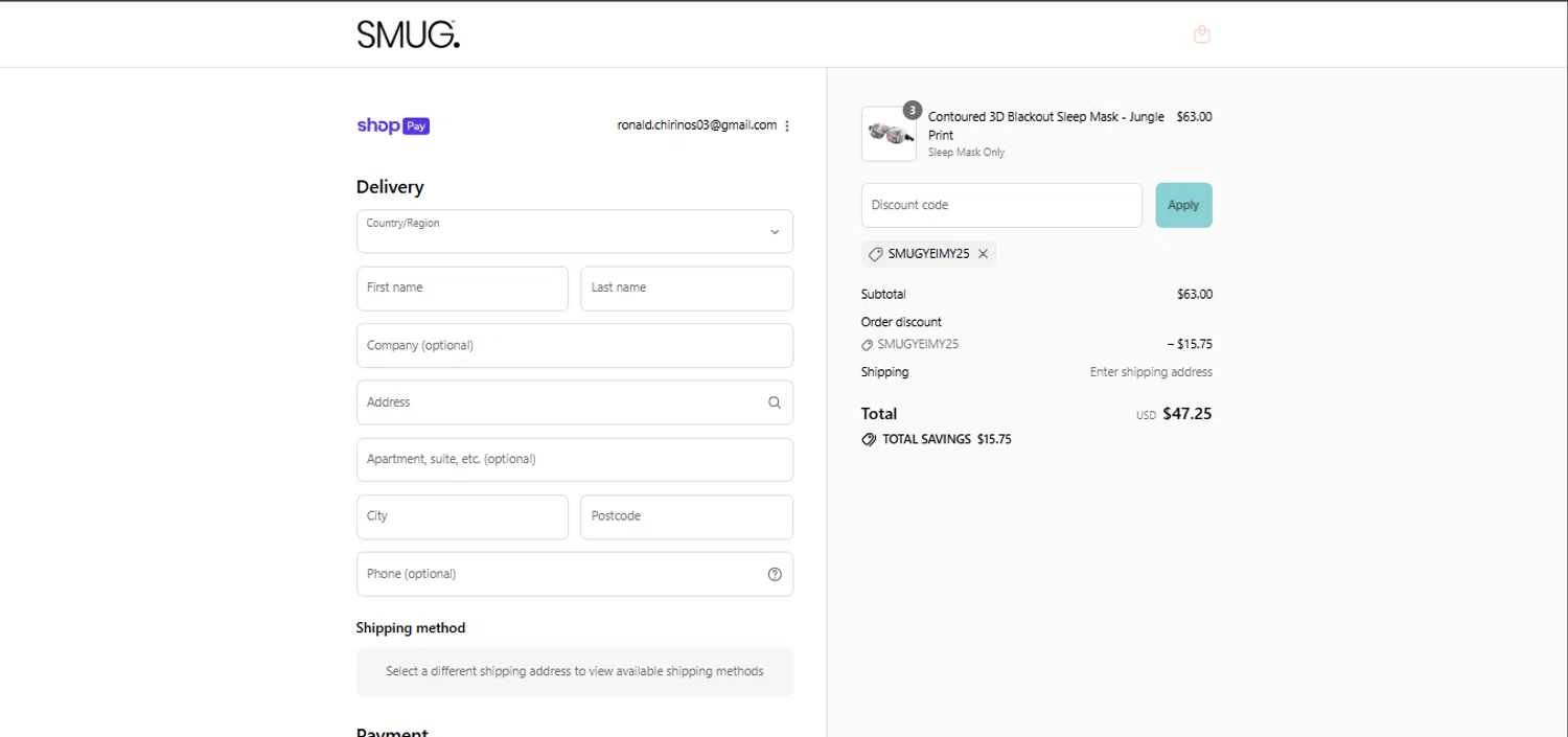 Smug. discount code screenshot showing code SMUGYEIMY25 applied at Smug. checkout page. Uploaded by SimplyCodes community member PennySage5996 on Jul 23, 2025