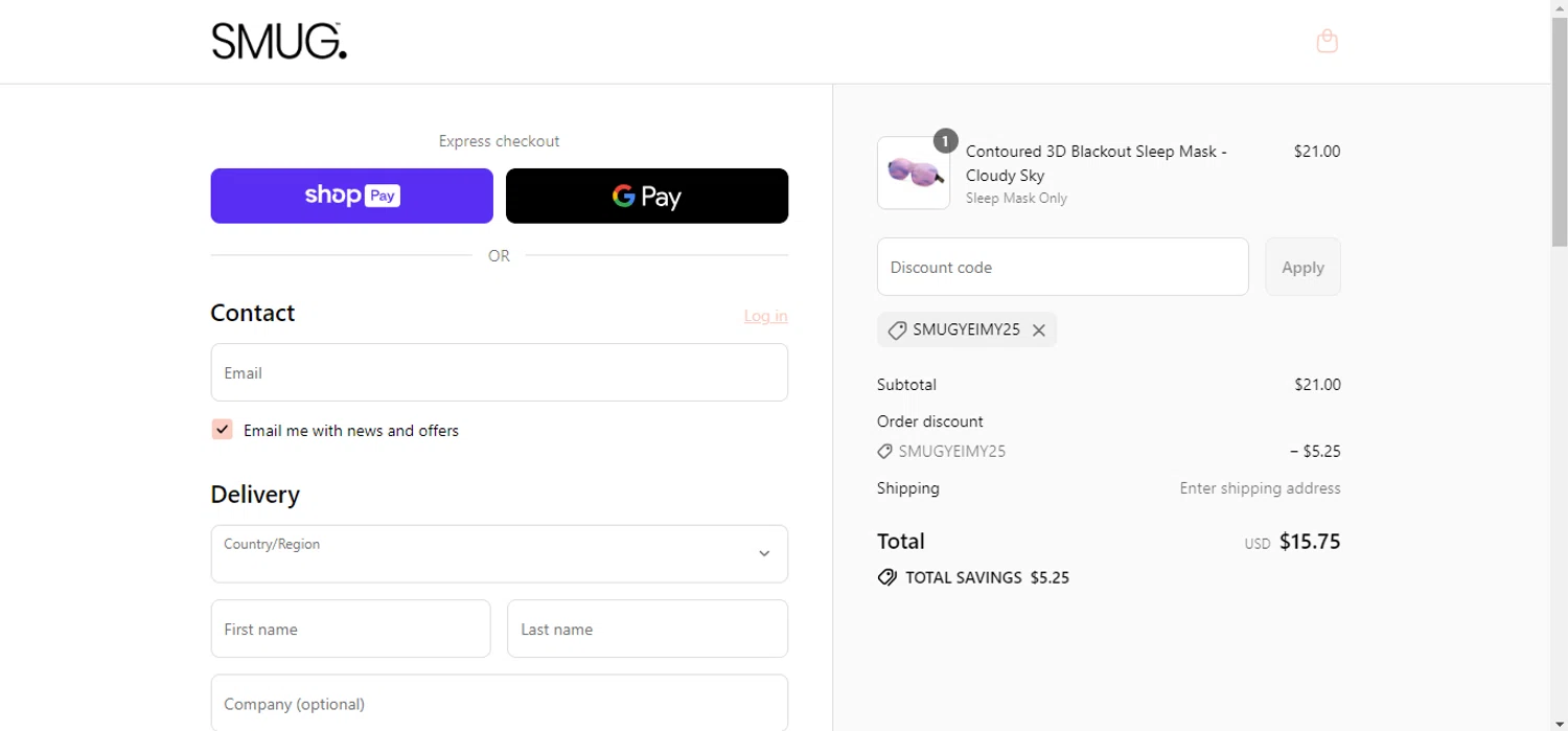 Smug. discount code screenshot showing code SMUGYEIMY25 applied at Smug. checkout page. Uploaded by SimplyCodes community member BrianSimplycodes on Jul 14, 2025
