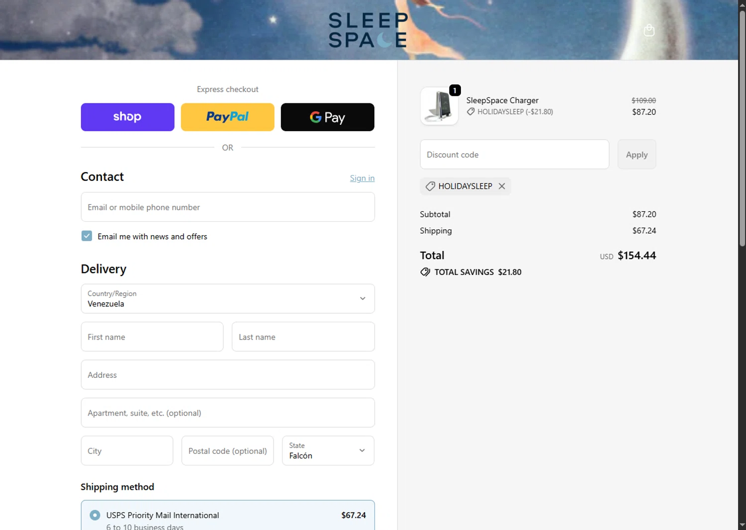 SleepSpace promo code screenshot showing code HolidaySleep applied at SleepSpace checkout page. Uploaded by SimplyCodes community member VoucherFinder3467 on Apr 6, 2026
