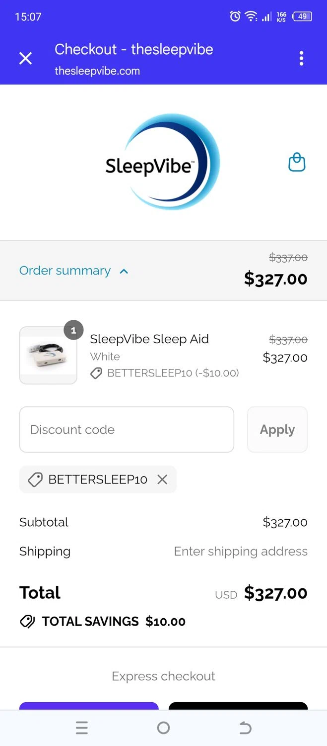 SleepVibe promo code screenshot showing code BetterSleep10 applied at SleepVibe checkout page. Uploaded by SimplyCodes community member 502312 on Aug 27, 2025