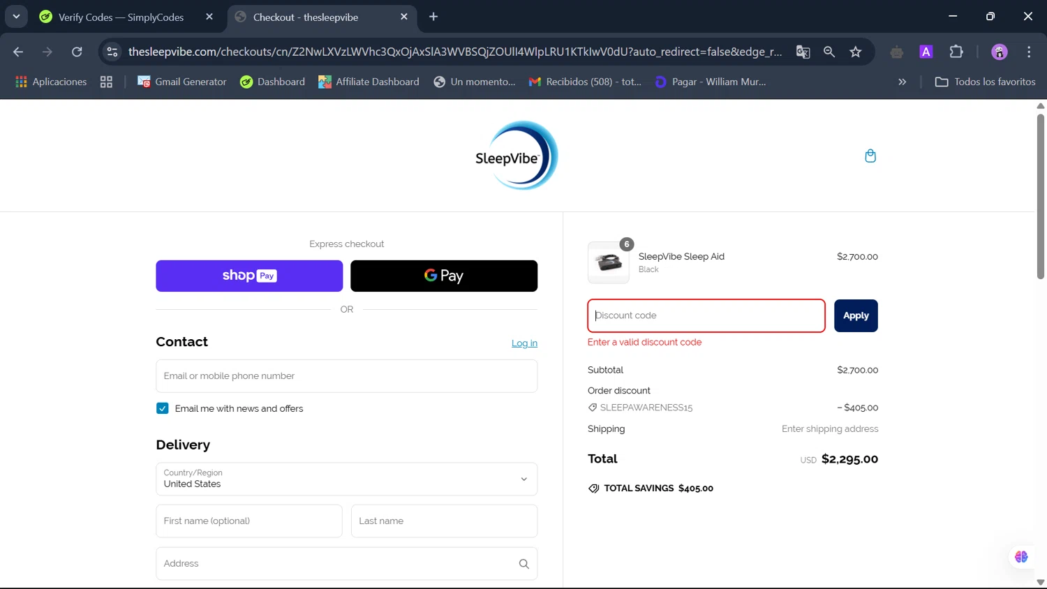 SleepVibe checkout page showing SleepVibe promo code box | Screenshot taken by SimplyCodes community member on Mar 13, 2025