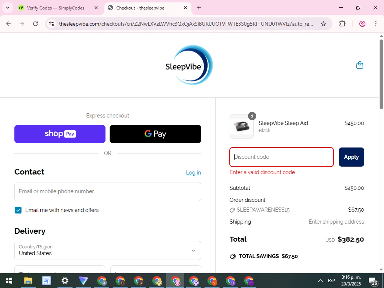 SleepVibe promo code screenshot showing code SLEEPAWARENESS15 applied at SleepVibe checkout page. Uploaded by SimplyCodes community member QuestCurator1644 on Mar 20, 2025