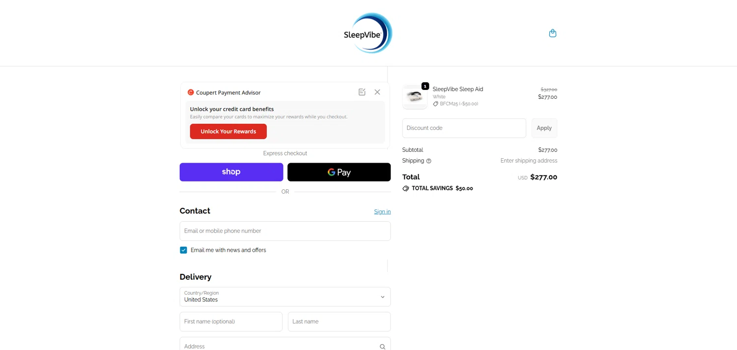 SleepVibe promo code screenshot showing code BFCM25 applied at SleepVibe checkout page. Uploaded by SimplyCodes community member ivantorres on Nov 30, 2025