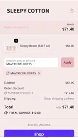 Sleepy Cotton coupon verification screenshot